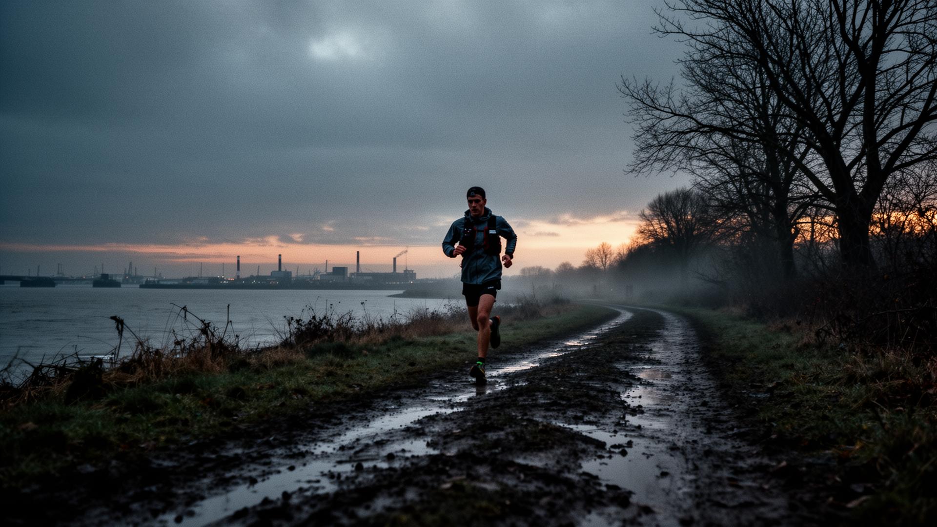Trail runner on a misty Thames estuary path at dawn